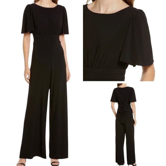 Julia Jordan Black Flutter Sleeve Stretch Jersey Wide Leg Jumpsuit Sz 12 - Picture 1 of 16